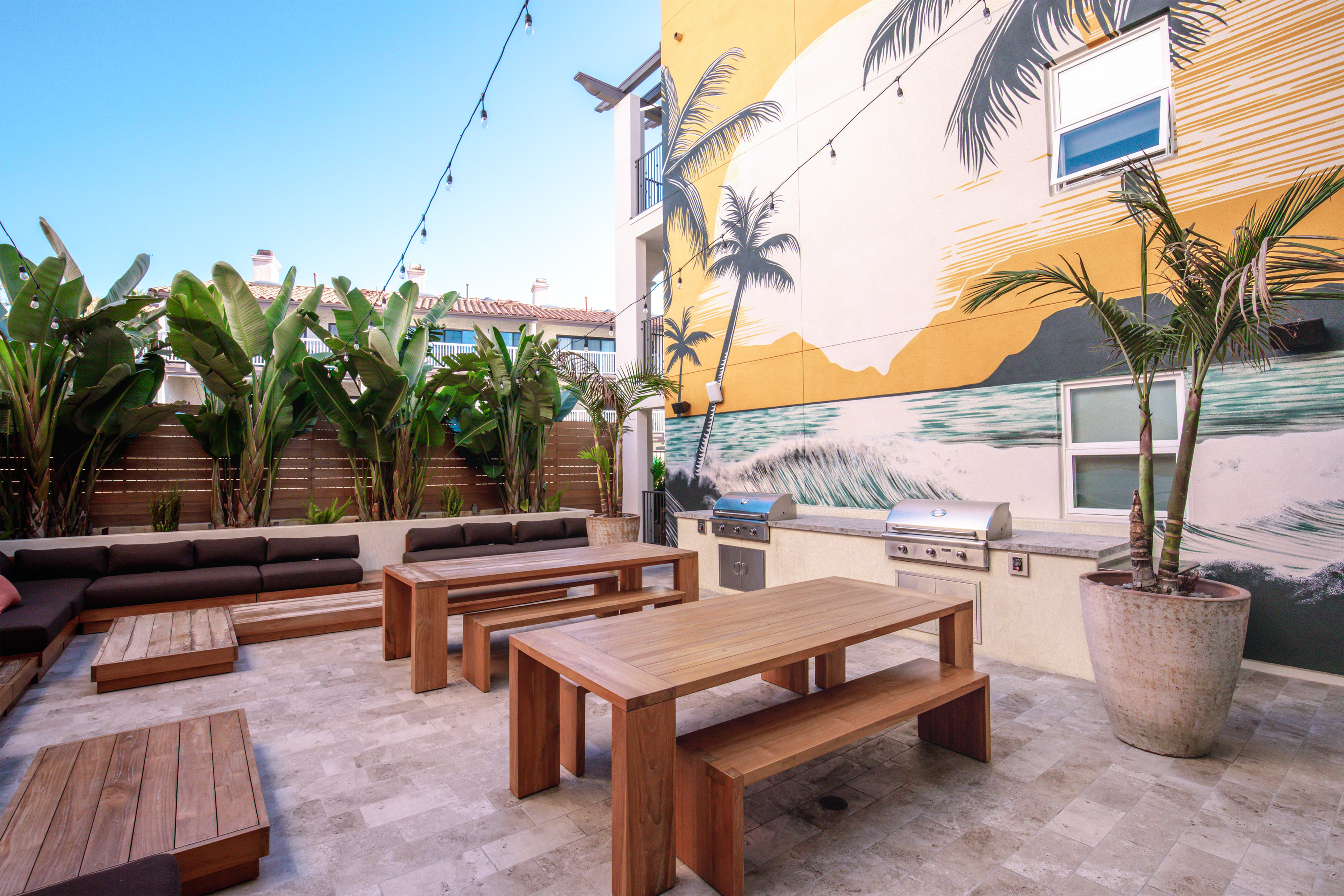 tables and benches on a patio